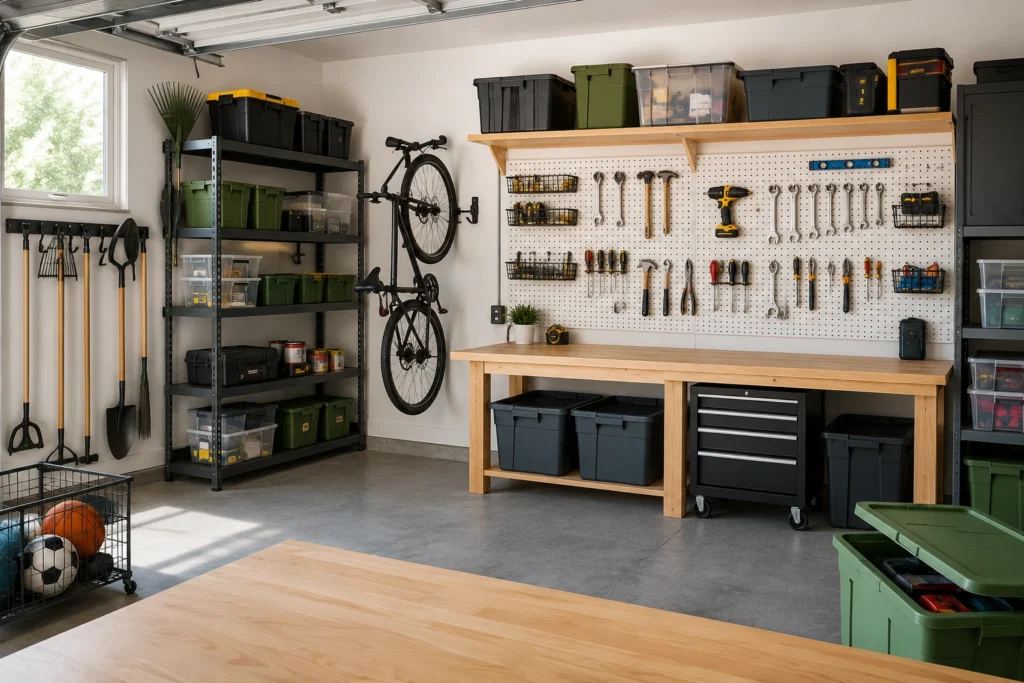 DIY garage storage ideas with shelves, pegboard, storage bins, and workbench