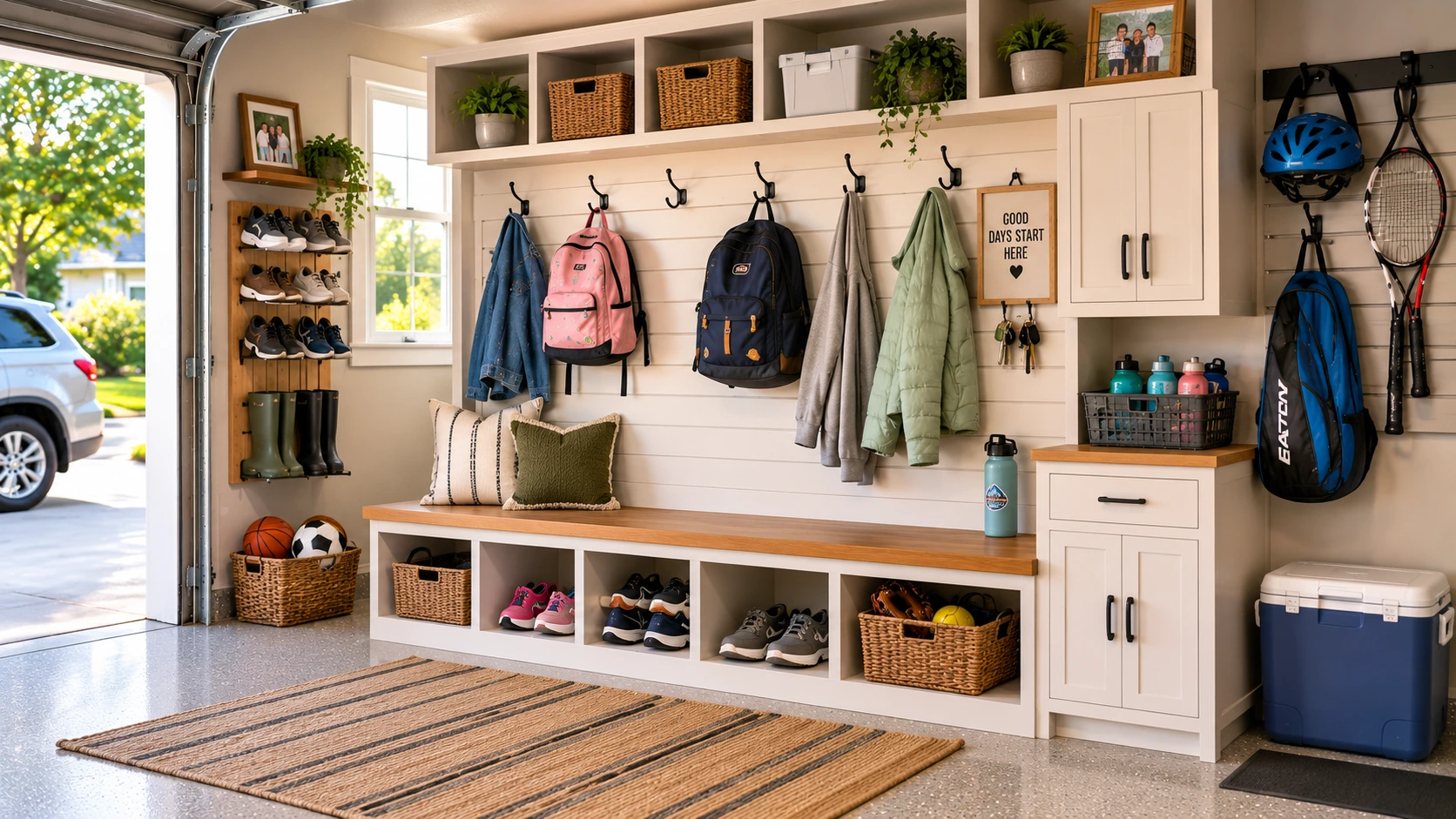 Garage mudroom storage ideas for busy families.