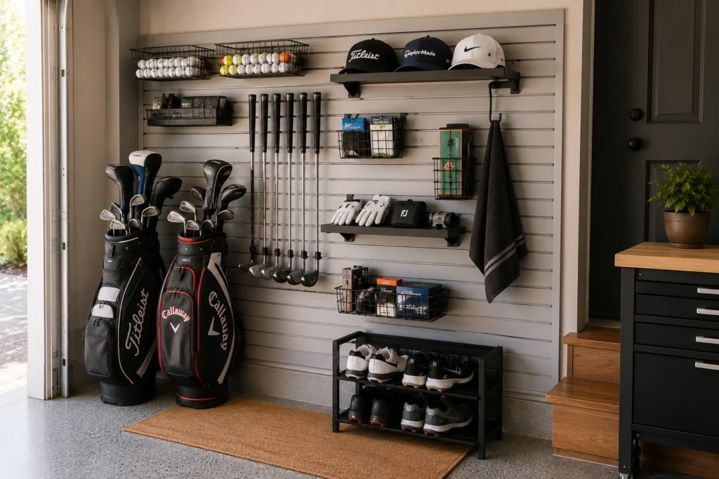Golf clubs and accessories organized together on a dedicated garage wall storage system.