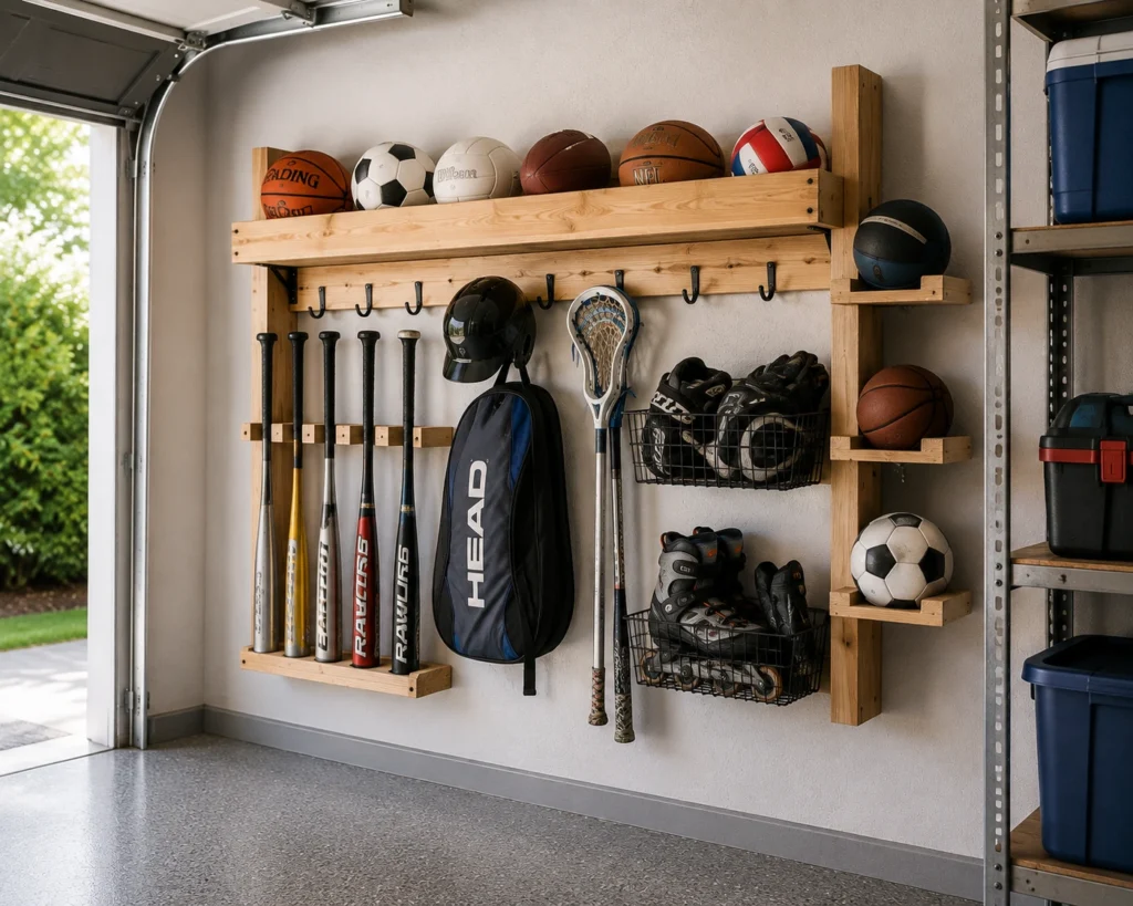 DIY sports equipment rack with shelves and hooks holding balls, bats, helmets, lacrosse gear, skates, and sports bags in a garage.