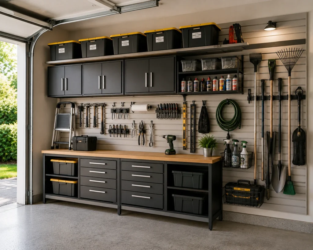 Modular garage storage wall with cabinets, shelves, storage bins, hooks, tools, and garden equipment.