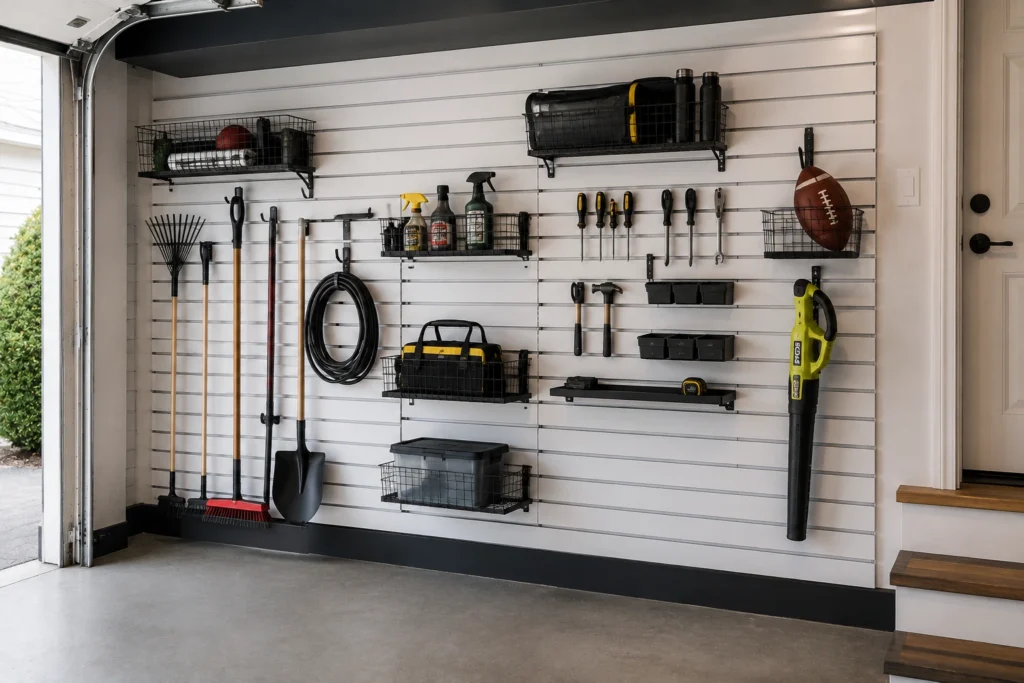 White slatwall-style garage storage system with shelves, baskets, tools, garden equipment, and cleaning supplies.