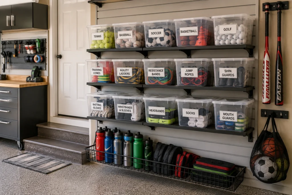 Clear storage bins organizing small sports accessories such as tennis balls, gloves, jump ropes, and shin guards in a garage.