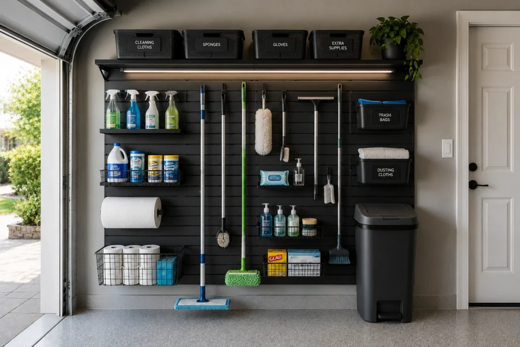 Dedicated garage cleaning-supply wall with organized shelves, baskets, mops, brushes, sprays, and cleaning essentials.