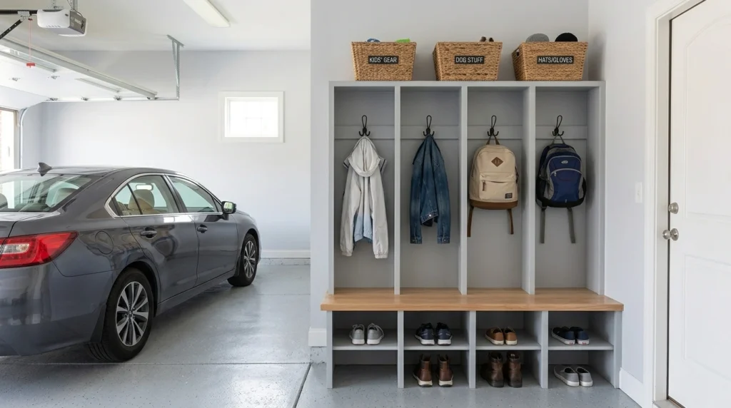 Dedicated garage mudroom zone near interior entrance with built-in bench, jacket hooks, backpack storage, and shoe cubbies.