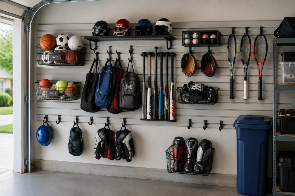 Dedicated garage sports bag station with organized backpacks, gear bags, hooks, and shoe storage.