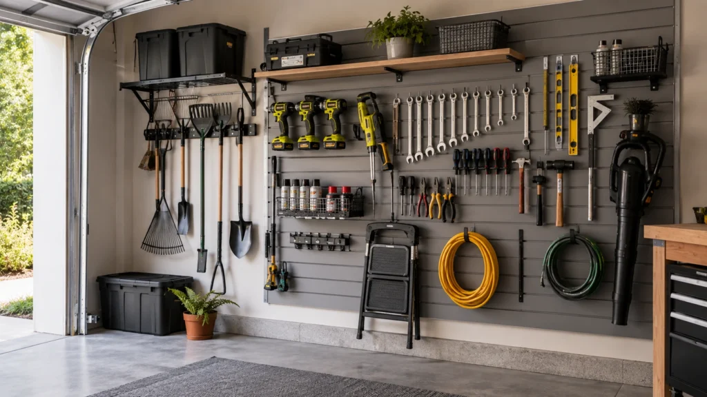 Dedicated vertical tool wall with organized hand tools, power tools, garden tools, and storage in a modern garage