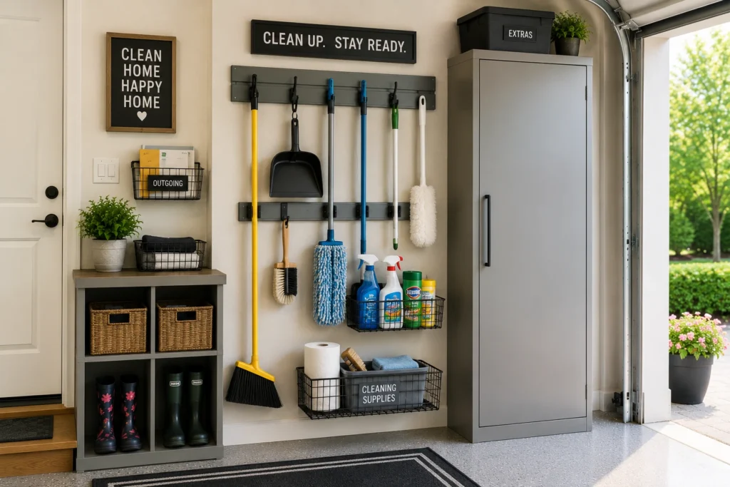 Wall-mounted garage organizer holding brooms, dustpan, brushes, mop, and cleaning supplies.