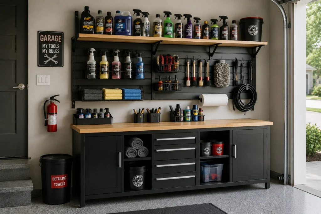 DIY garage automotive supply station with car-care products and detailing tools.