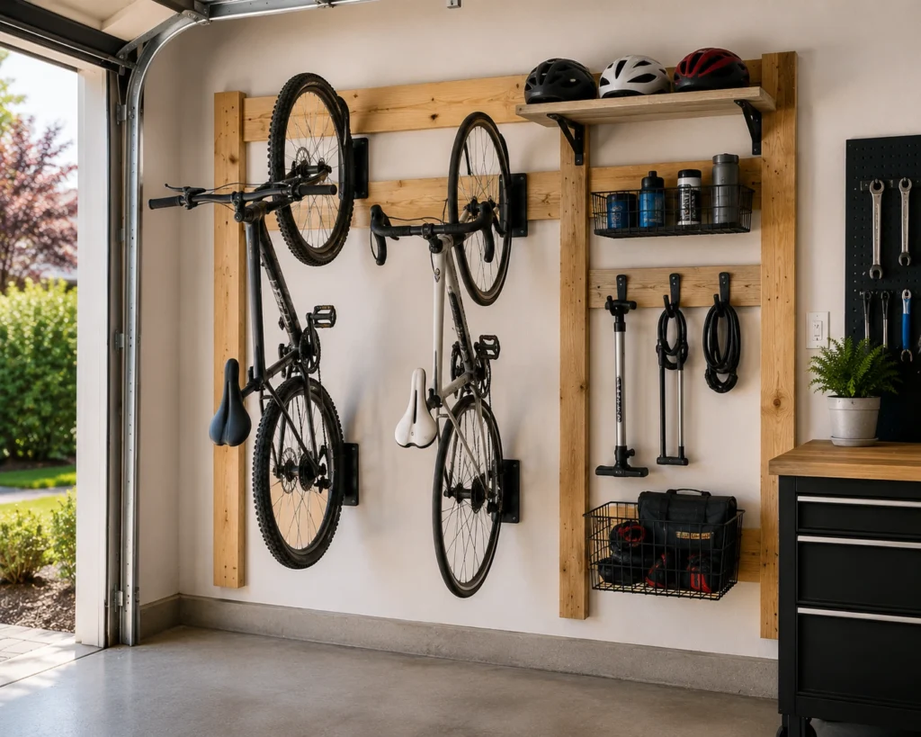 DIY bike storage station with wall-mounted bicycles, helmets, pumps, baskets, and cycling gear in a garage.