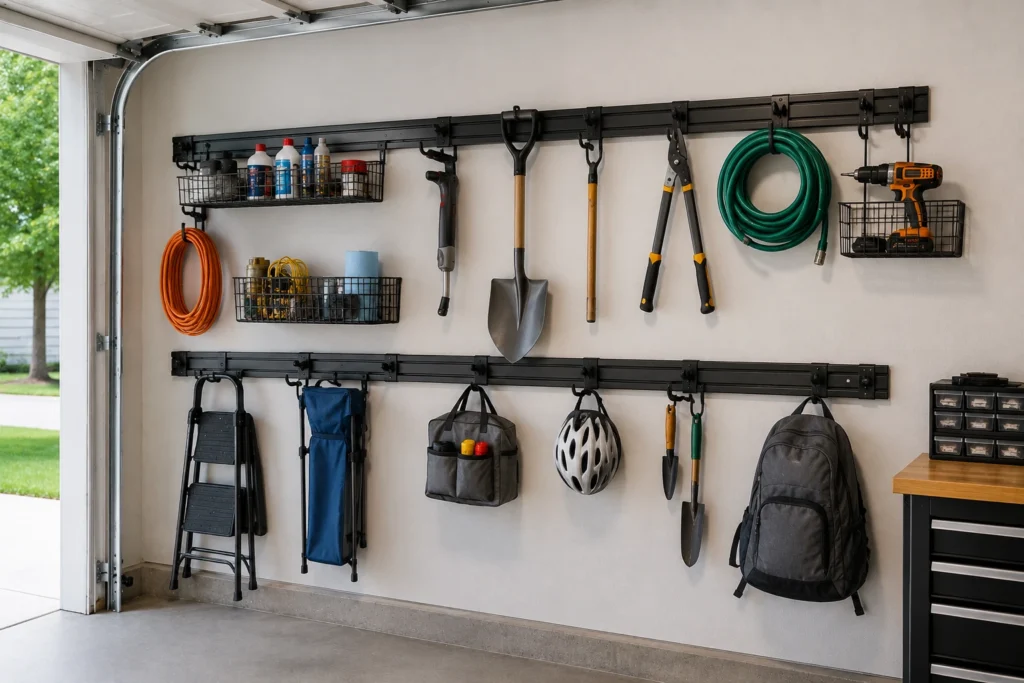 Flexible garage hook and rail wall organizing tools cords bags and equipment.