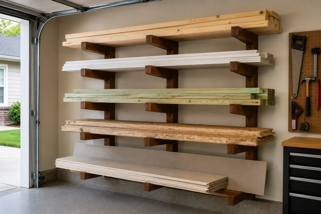 DIY garage lumber rack storing boards plywood and building materials.