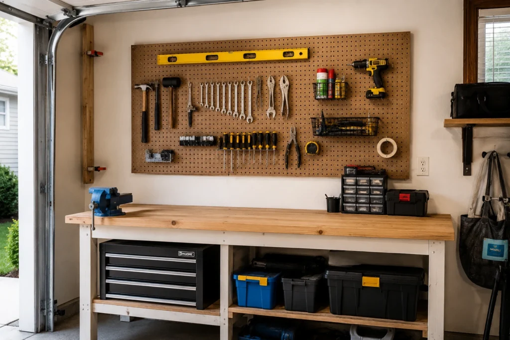 Garage pegboard tool organizer with hand tools arranged above a workbench.