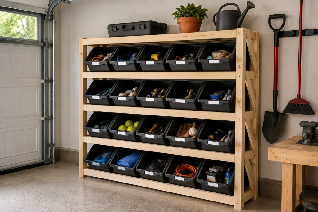 DIY wooden garage storage bin rack with organized black storage bins.