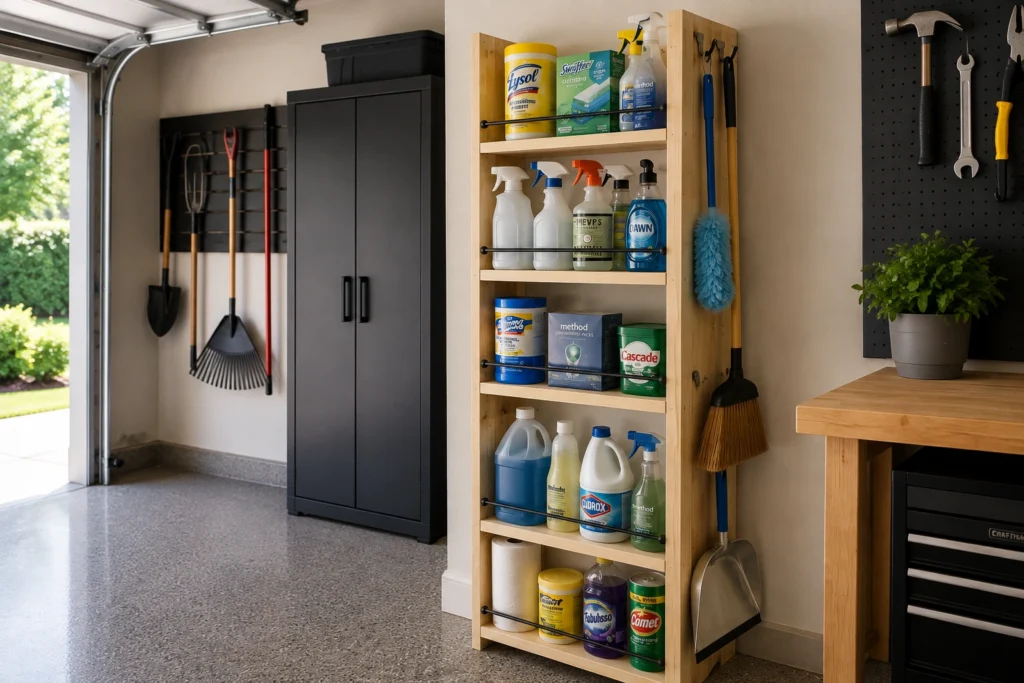 DIY narrow cleaning-supply organizer with shelves for bottles, brushes, broom, and dustpan in a garage