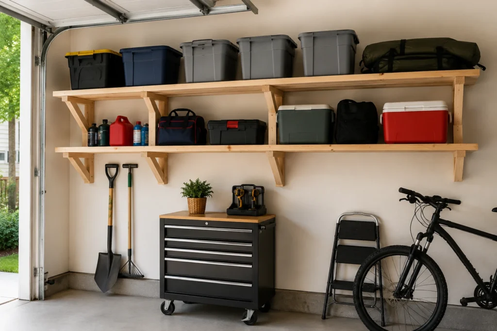 DIY wall-mounted garage shelf holding storage bins and equipment
