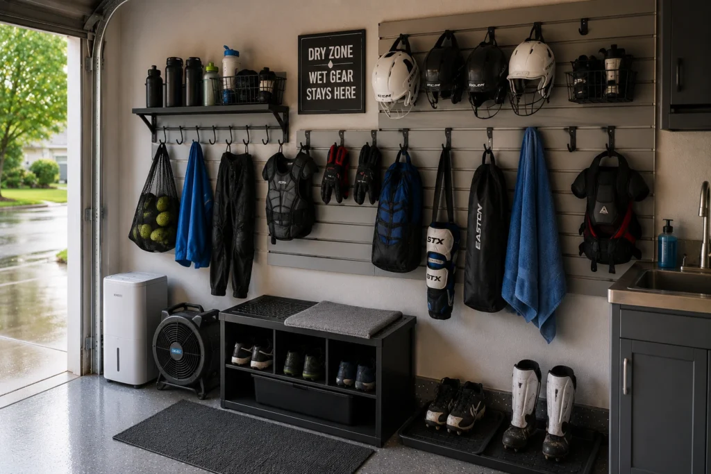 Garage drying zone with wet sports helmets, protective gear, shoes, towels, bags, and sports clothing hanging on wall hooks.