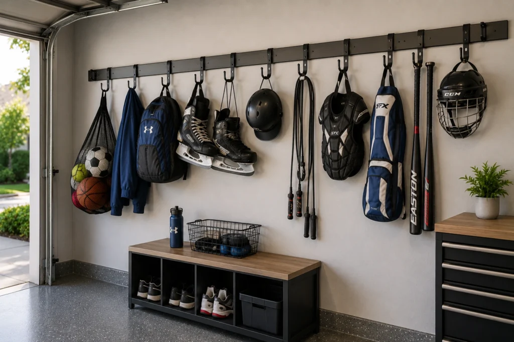 Wall-mounted equipment rail with hooks holding sports bags, helmets, skates, protective gear, balls, and bats in a garage.