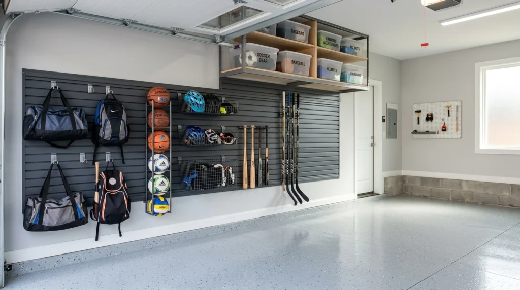 Modular track and slatwall sports storage system on a clean empty garage wall with visible space left for future expansion.