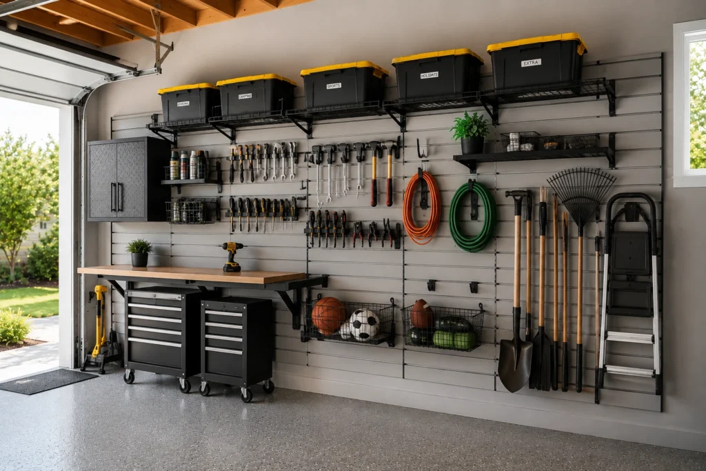 Flexible garage wall storage system with adjustable shelves, hooks, bins, tools, sports gear, and garden equipment.