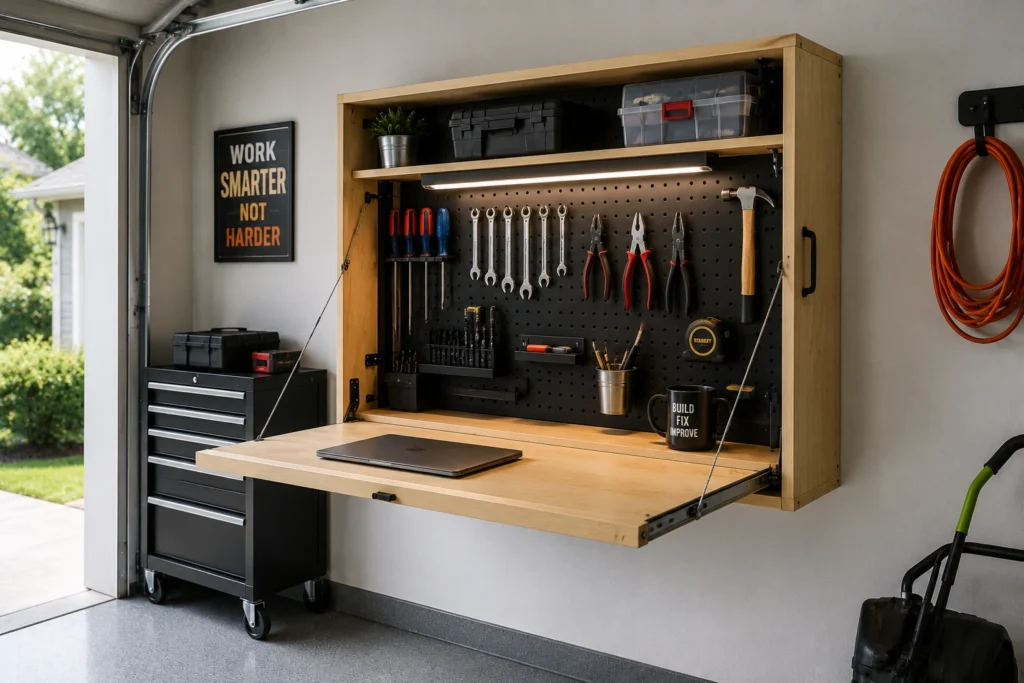 Folding wall-mounted garage workstation with pegboard tool storage.