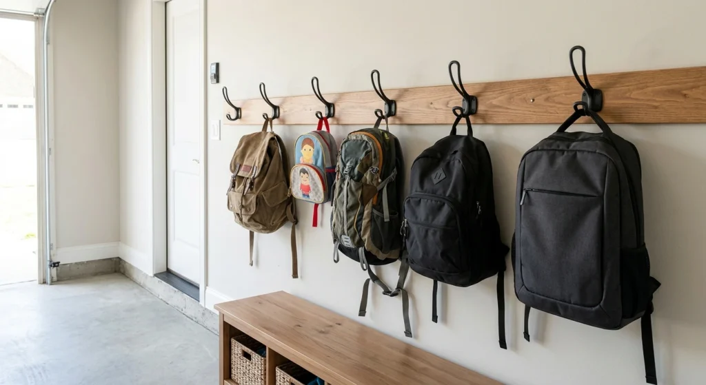 Wooden wall rail with black metal hooks holding different family backpacks in a garage entryway.