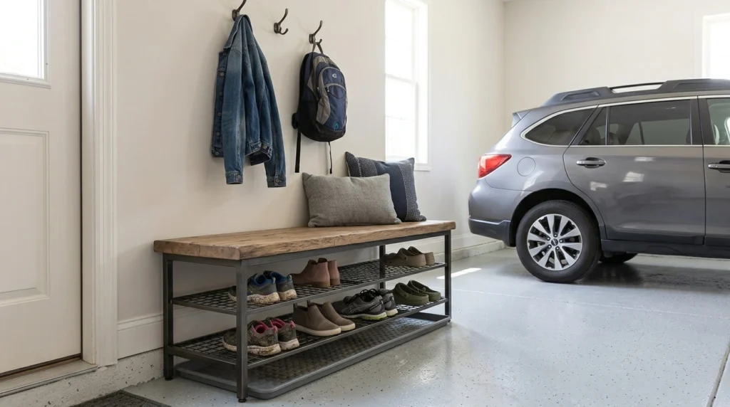 Wooden garage entry bench with lower wire metal shelves holding shoes and boots next to a parked car.