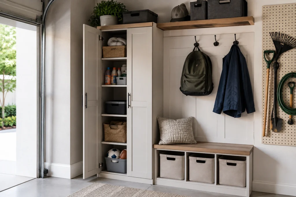 Small garage mudroom cabinet providing hidden storage beside hooks and family entryway storage.
