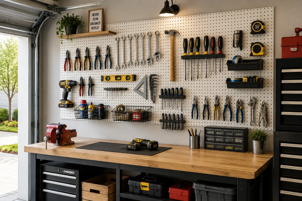 White garage pegboard tool organizer with hand tools above a workbench
