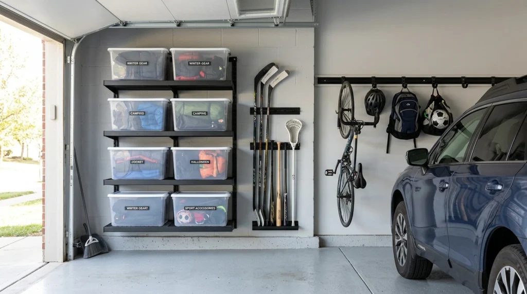 Organized garage side wall near entrance with vertical racks, heavy-duty shelving, and labeled seasonal gear bins maintaining car door clearance.