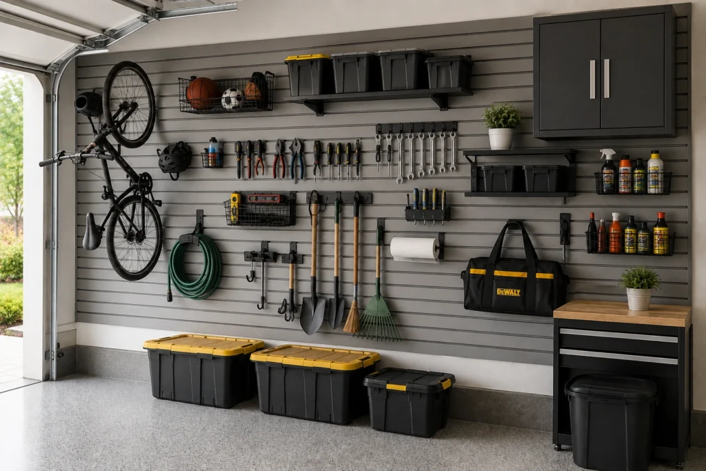 Garage slatwall system with shelves, bins, tools, bikes, and garden equipment