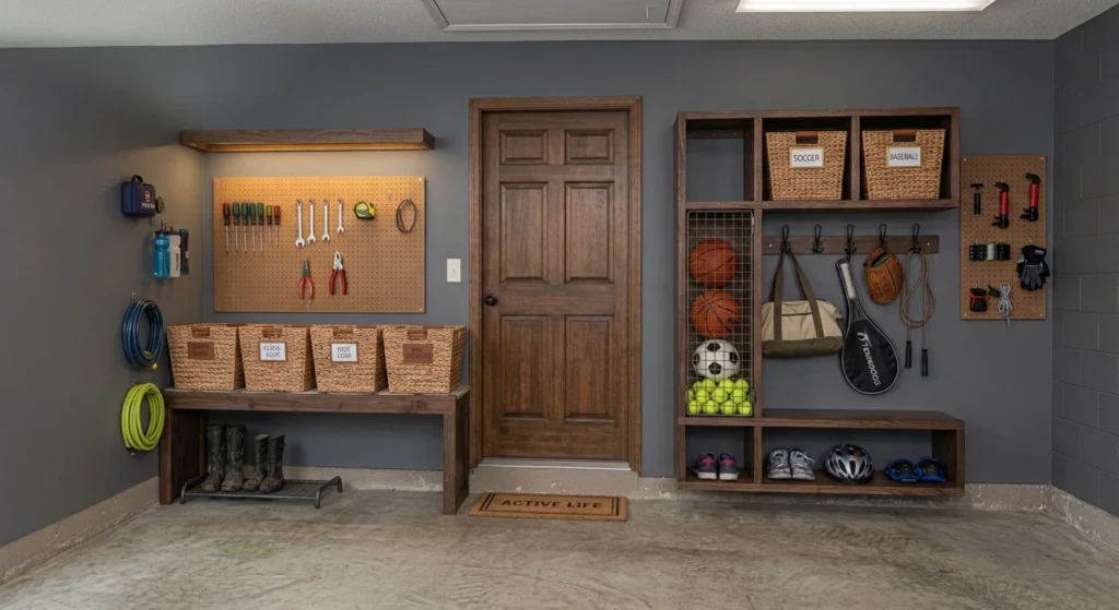 Dedicated garage sports gear drop zone featuring built-in wooden cubbies, a vertical mesh ball bin, hanging equipment hooks, and labeled organizer baskets next to an entryway door.