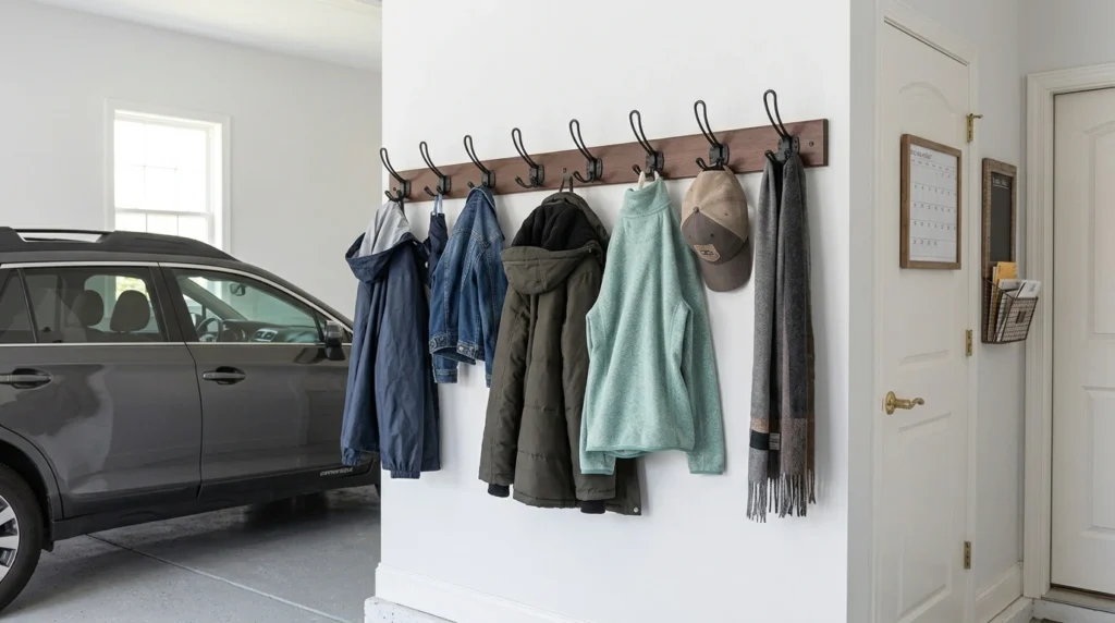 Sturdy wooden coat hook rail mounted on a garage entryway wall holding family jackets, coats, and hats neatly.
