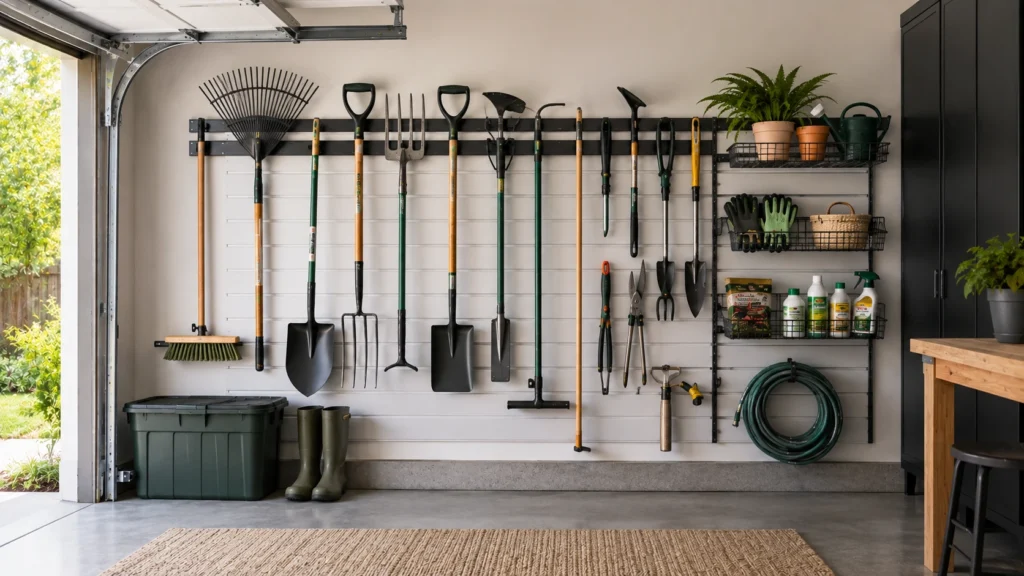 Garden and lawn tools neatly organized on a dedicated garage wall with hooks, shelves, and hose storage