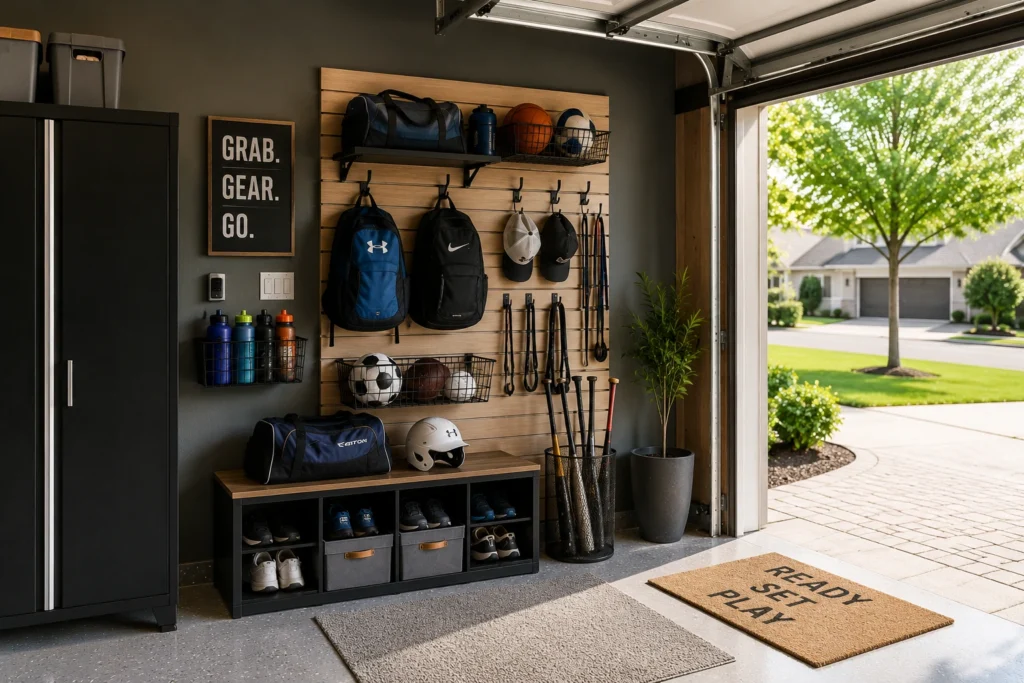 Grab-and-go sports storage zone near a garage door with backpacks, balls, bats, helmets, shoes, and sports gear.