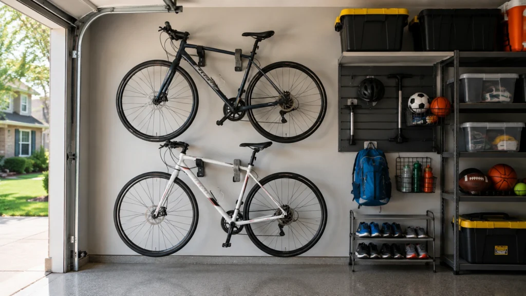 Two bicycles mounted on the wall to save floor space in an organized garage.