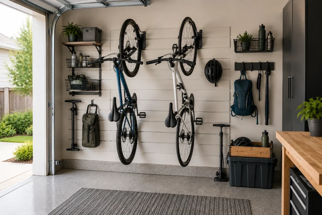 Two bicycles hanging vertically on a garage wall with organized bike accessories and storage