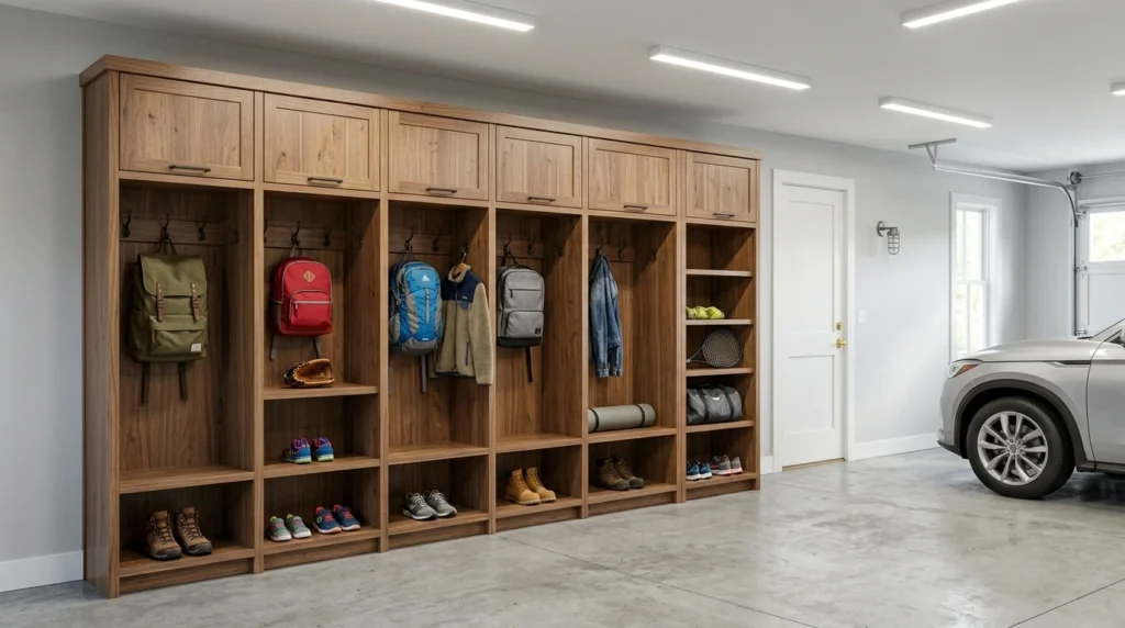 Wooden garage mudroom storage unit with individual cubbies holding backpacks, shoes, and coats near the house entrance door.