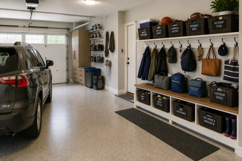Labeled baskets organizing family essentials in a garage mudroom.