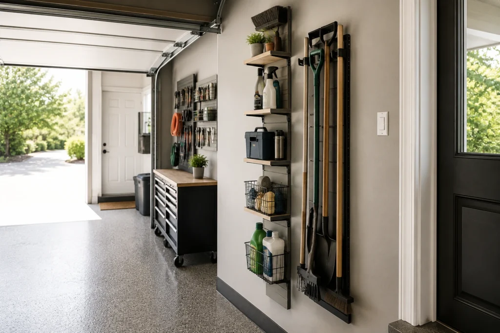 Narrow garage wall space used efficiently with slim shelves, baskets, and vertical storage for long-handled tools.