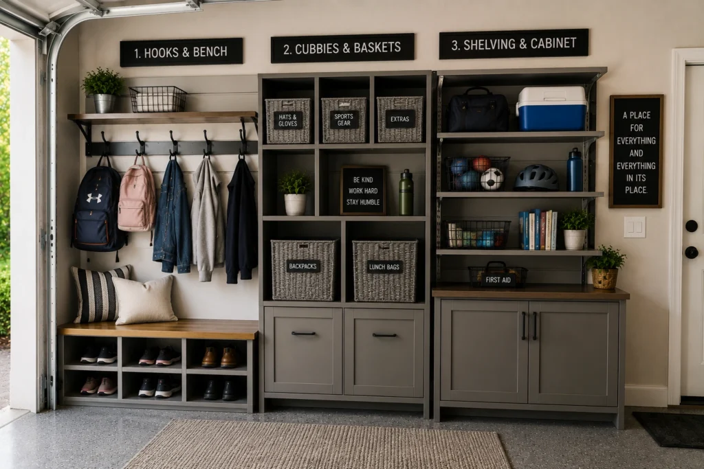 Modular garage mudroom wall with hooks, bench, cubbies, baskets, and adjustable shelving for family storage.