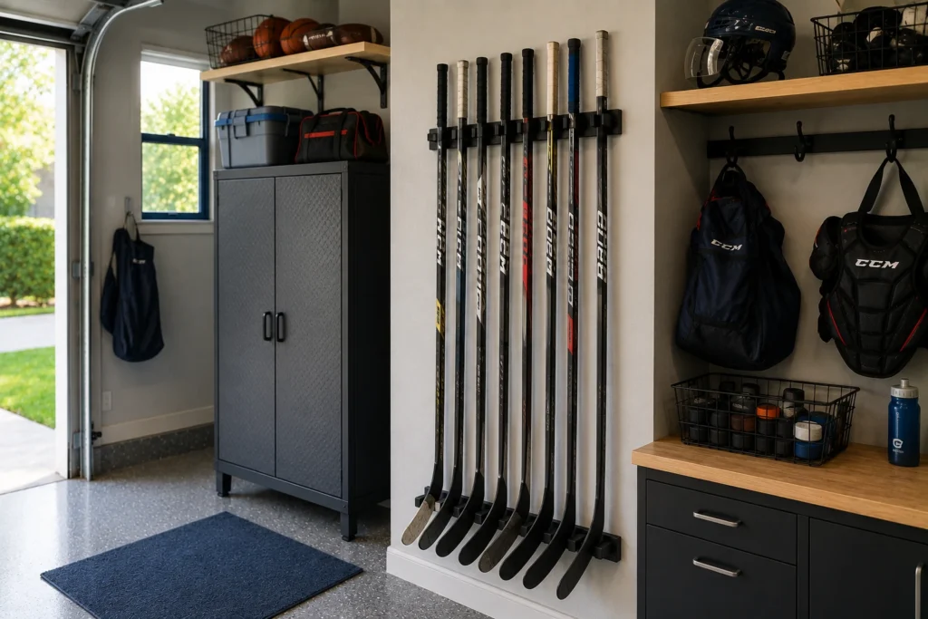 Narrow wall-mounted rack storing hockey sticks vertically in an organized garage.