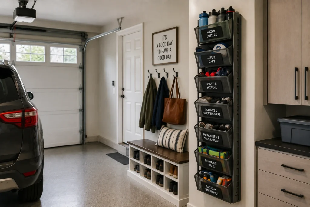 Narrow vertical organizer storing hats gloves scarves bottles and family essentials.