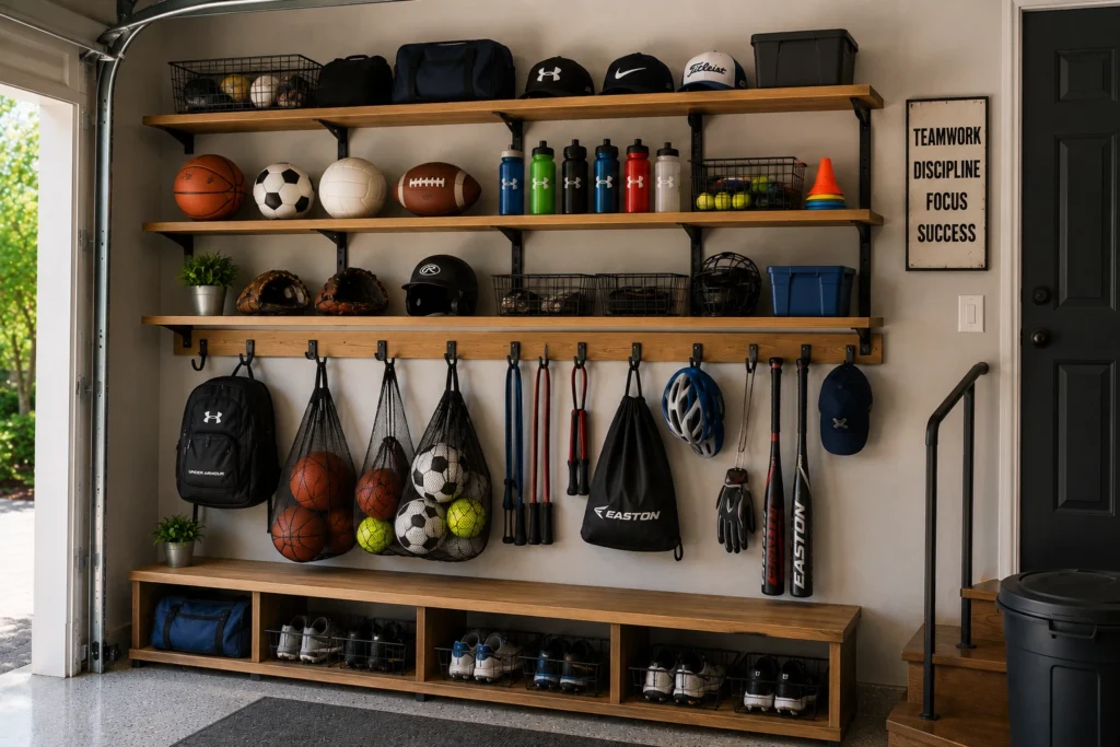 Open wooden shelves combined with wall hooks to organize sports equipment in a garage.