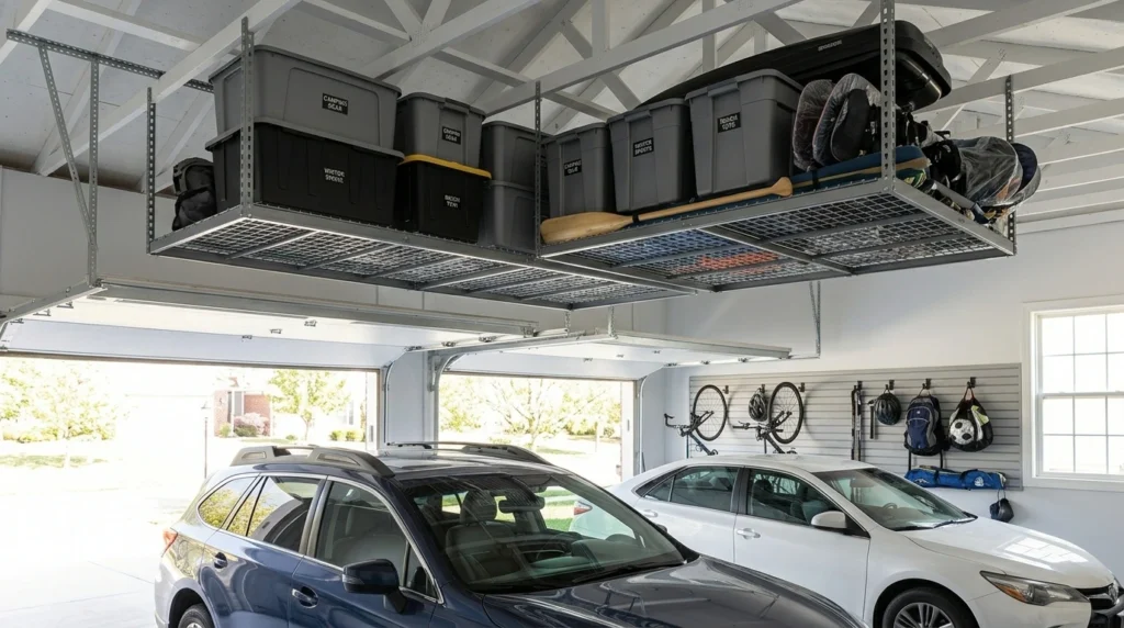 Ceiling-mounted heavy-duty metal racks storing bulky seasonal sports gear and labeled plastic bins safely high above garage floor.