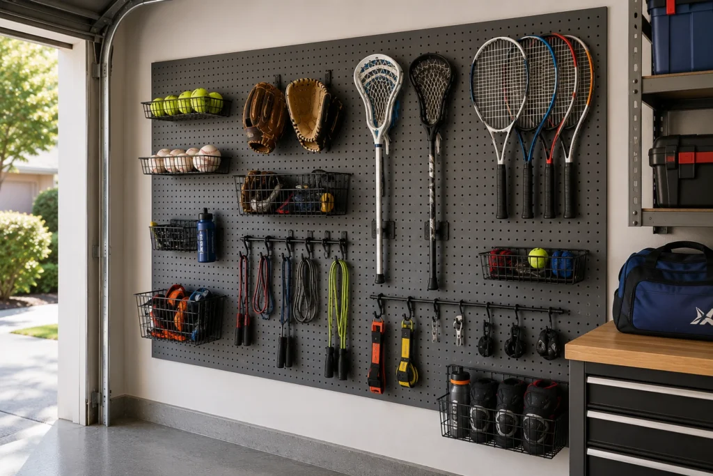 Garage pegboard organizing smaller sports gear with gloves, rackets, paddles, jump ropes, balls, and protective equipment.