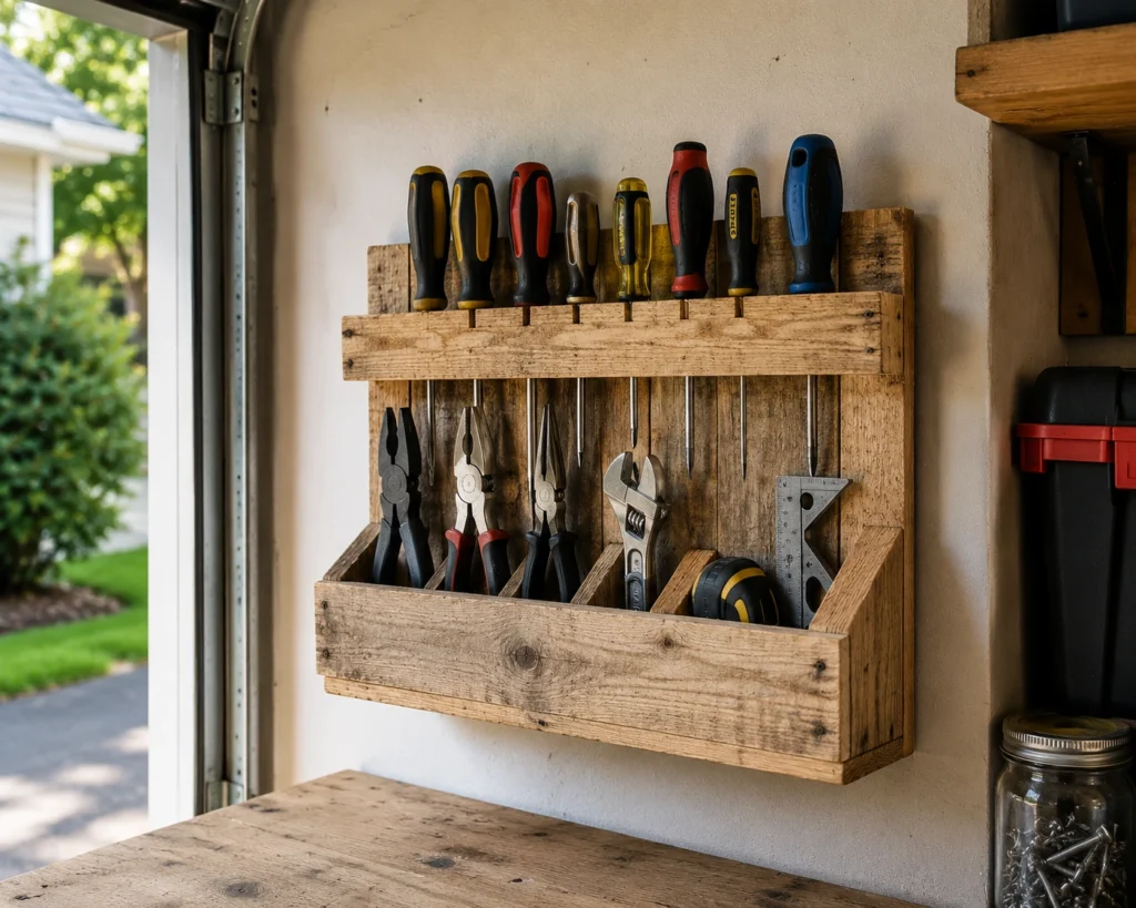 DIY small tool holder made from scrap wood, organizing screwdrivers, pliers, wrenches, and measuring tools on a garage wall.