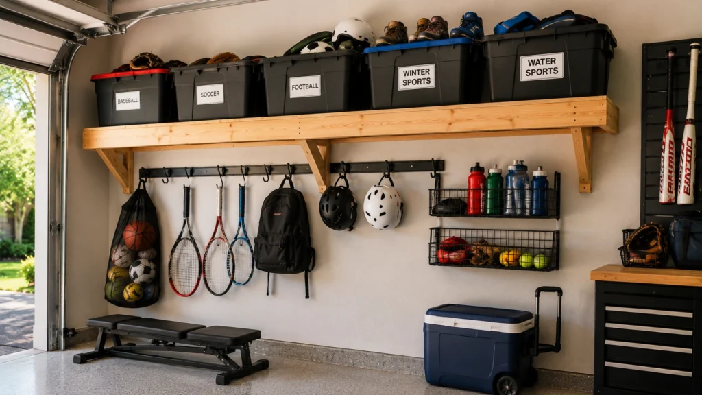 Wooden garage shelf with labeled seasonal sports storage bins for baseball, soccer, football, winter sports, and water sports.