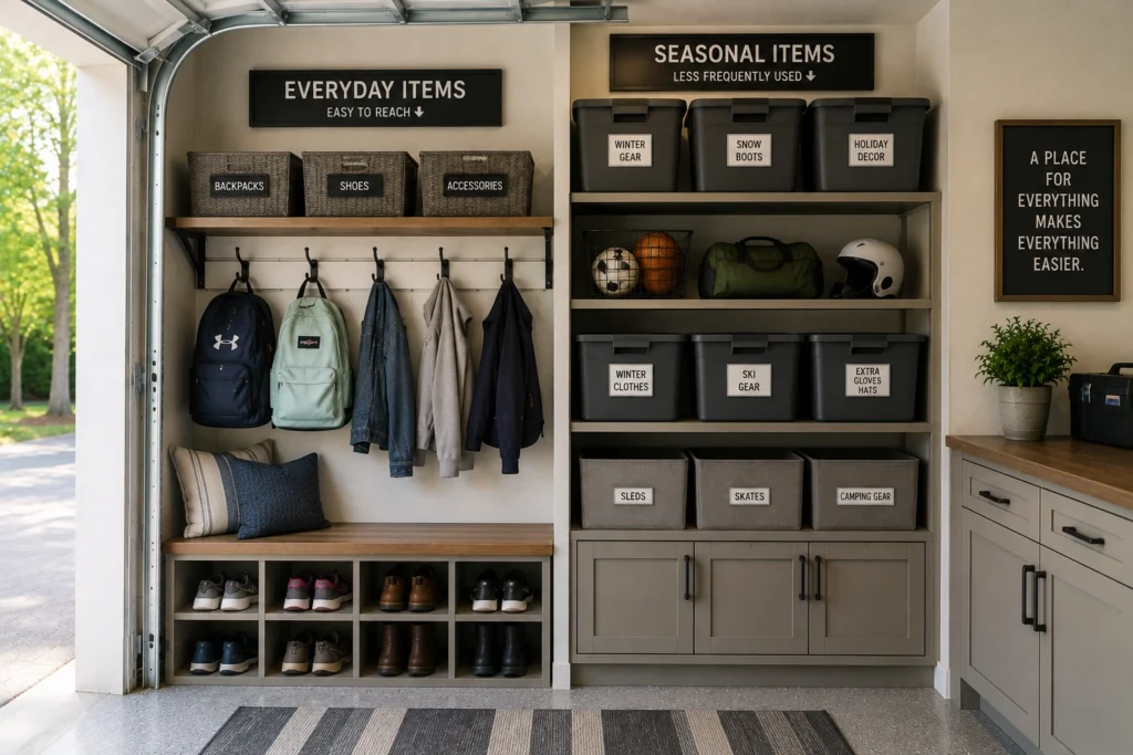 Garage mudroom storage separated into easy-to-reach everyday items and higher seasonal gear.