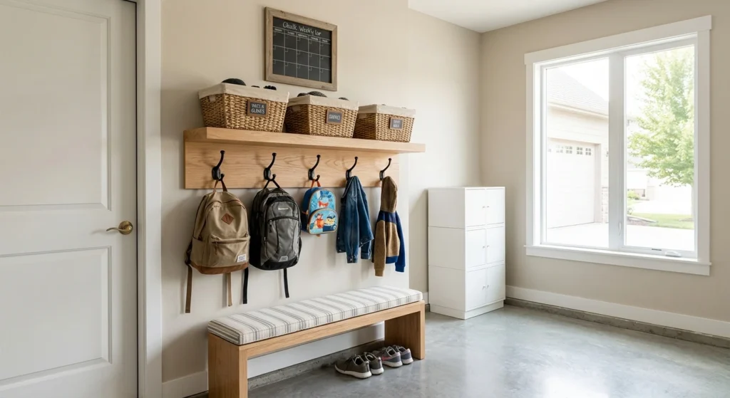 Floating natural wood shelf mounted above black coat hooks holding storage baskets and hanging jackets inside a garage entryway.